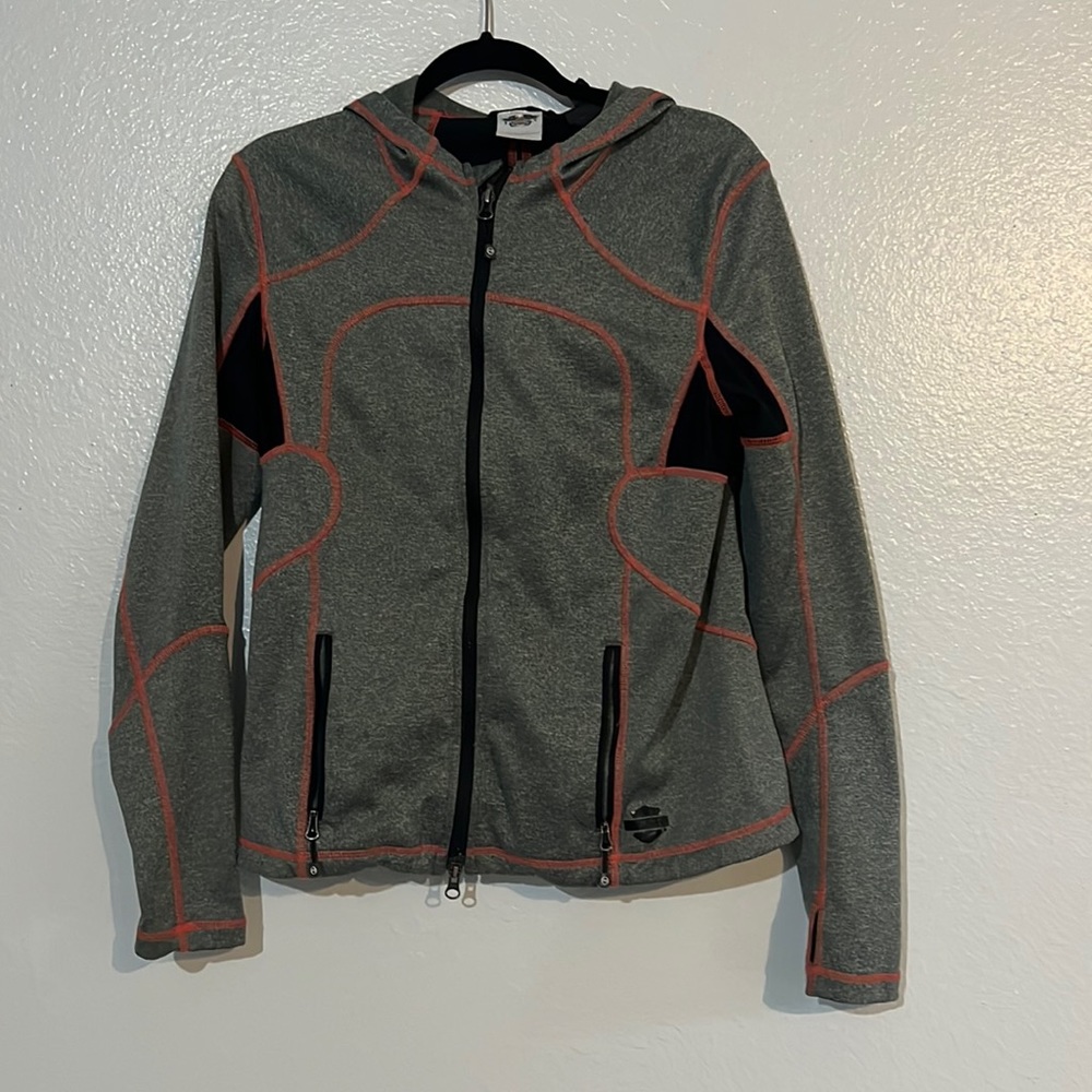 Harley Davidson full zip hooded jacket. Gray and black with pink seams. Size L